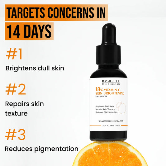 NSIGHT 18% Vitamin C Brightening Face Serum | Dull Skin Revival | Texture Repair | Pigmentation Reduction | All Skin Types | 30 ml