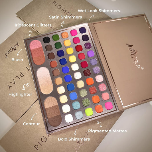 Justgold Pigment Play Eyeshadow Palette with 59 Vibrant Colors, including Matte and Shimmer Finishes, Offering Richly Pigmented and Blendable Shades for a Flawless Eye Look