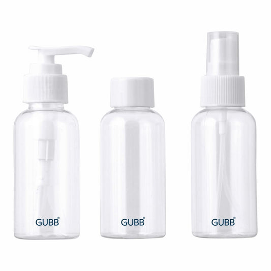 GUBB Travel Bottle Set | Travel Bottles For Toiletries | Refillable Bottles With Pump, Spray & Cap