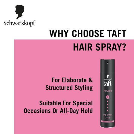 Schwarzkopf TAFT Power Hold 5 Hair Spray for Heat Protection, Cashmere like Softness for Dry, Damaged Hair | No Stickiness | Easy To Brush Out | For Salon Like Finish - 250Ml.