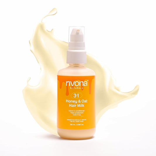 Rivona Naturals Honey & Oat Hair Milk | 3-in-1 Weightless Leave-In Conditioner + Heat Protectant + Anti-Frizz Cream | Silicone-Free | Adds Shine & Moisture | For Curly, Wavy & Frizzy Hair | 100ml