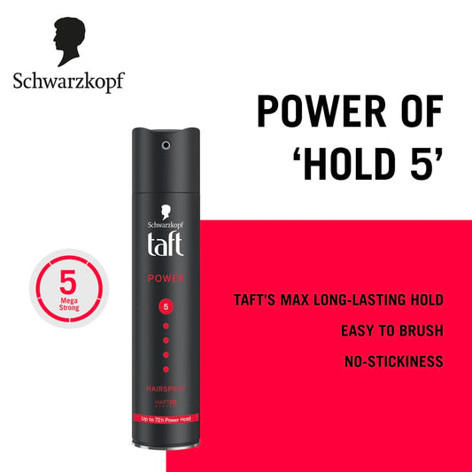 TAFT Schwarzkopf Power Hair Spray With Caffeine Formula For Strengthening Hair Hold 5, 72Hr Hold Protection From UV Rays, Wind And Humidity, No Stickiness, Easy To Brush Out, Salon Like Finish- 250Ml