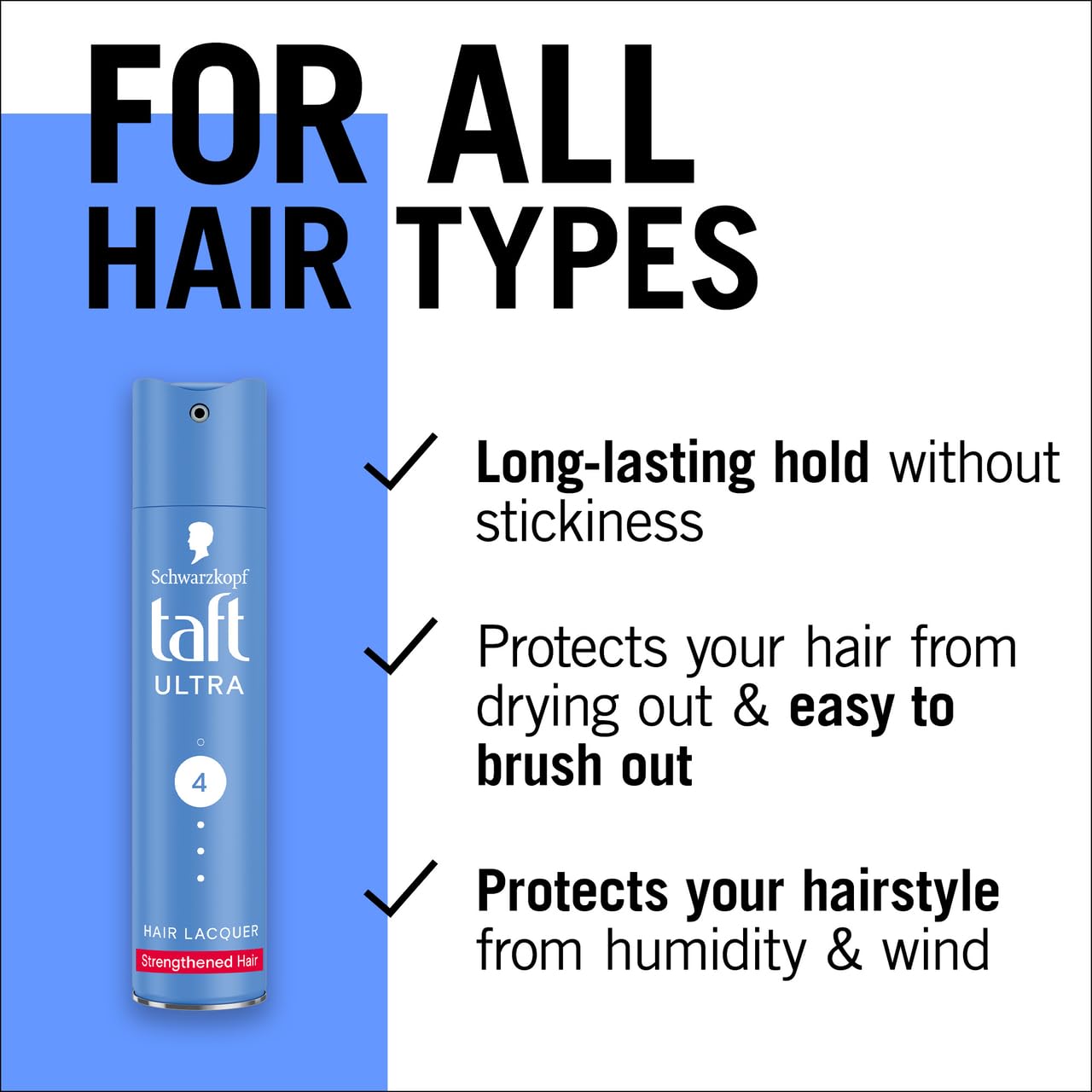 TAFT Schwarzkopf Ultra Hairspray For Strengthened Hair Hold 4, Lasts 24 Hours, Protects From Wind And Humidity, No Stickiness, Easy To Brush Out, For Salon Like Finish - 250Ml