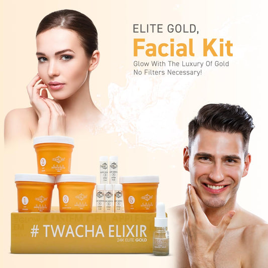 TWACHA Elite Gold Facial Kit | Gives Even Tone Radiant Glow | Ideal for both Men and Women | Suits All Skin Types (6 Steps Facial)