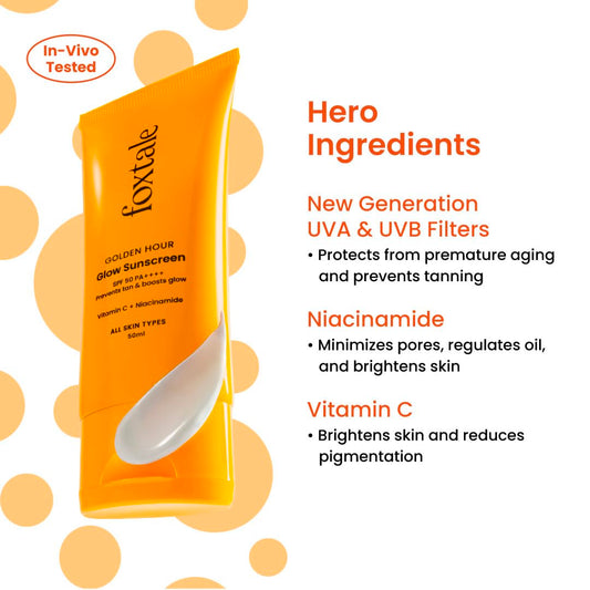 Foxtale Glow Sunscreen SPF 50 PA++++ with Vitamin C & Niacinamide, In-Vivo Tested, Sensitive-Skin Friendly, Made with 100% New-Gen Filters & EU Approved, Lightweight, Non-Greasy, No White Cast 50ml