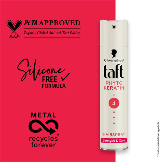 Schwarzkopf TAFT Phyto Keratin Hair Spray Hold 4, Strengthens Hair, Poweful Hold Protects From Wind And Humidity, No Stickiness, Easy To Brush Out, For Salon Like Finish, 250Ml