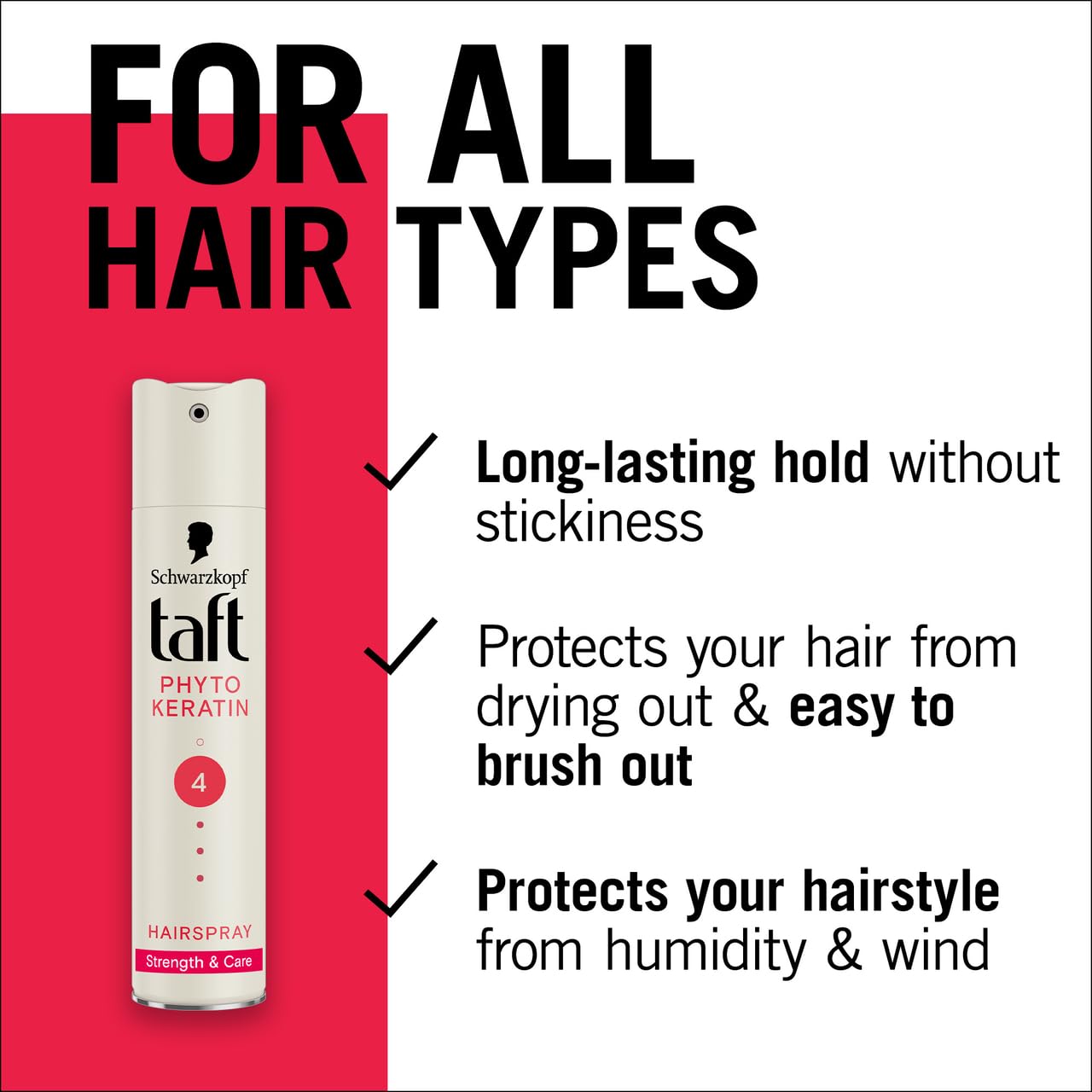 Schwarzkopf TAFT Phyto Keratin Hair Spray Hold 4, Strengthens Hair, Poweful Hold Protects From Wind And Humidity, No Stickiness, Easy To Brush Out, For Salon Like Finish, 250Ml