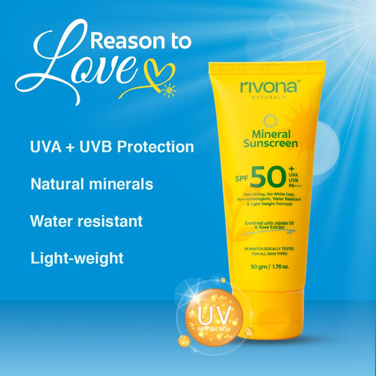 Rivona Naturals Mineral Sunscreen Spf 50 PA +++ for Acne-prone skin| UVA and UVB filters| No White Cast| Non-Oily, Non-Sticky and Water resistant Formula | For dry, oily and sensitive skin