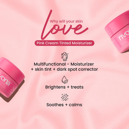 Rivona Naturals Bright Pink Face Cream | Long-Lasting Hydration | Light make up look | Vegan | Niacinamide & Mulberry Extracts| Tinted moisturiser | 50gm