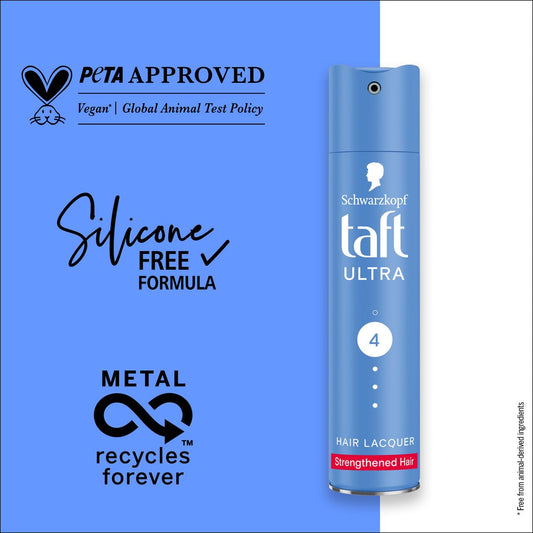 TAFT Schwarzkopf Ultra Hairspray For Strengthened Hair Hold 4, Lasts 24 Hours, Protects From Wind And Humidity, No Stickiness, Easy To Brush Out, For Salon Like Finish - 250Ml