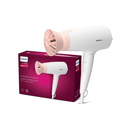 Philips Foldable Hair Dryer 1600 Watts| Powerful Salon-like Blow Drying with Less Heat | 3 Heat Settings with Cool Shot (Hot/Cool/Warm) | ThermoProtect Airflower Attachment- Pink | BHD308/30 - White