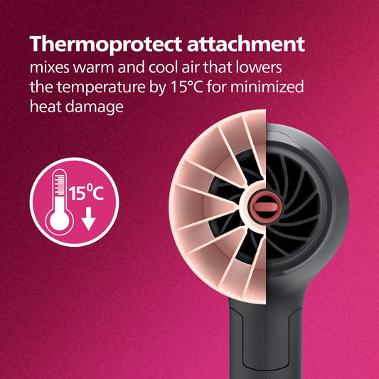 Philips Hair Styling Brand - Foldable Hair Dryer 2100W, 6 HeatxSpeed Settings Cool Shot Advanced Ionic Care Frizz-Free Shine, ThermoProtect Airflower Attachment, For Indian Hair, BHD356