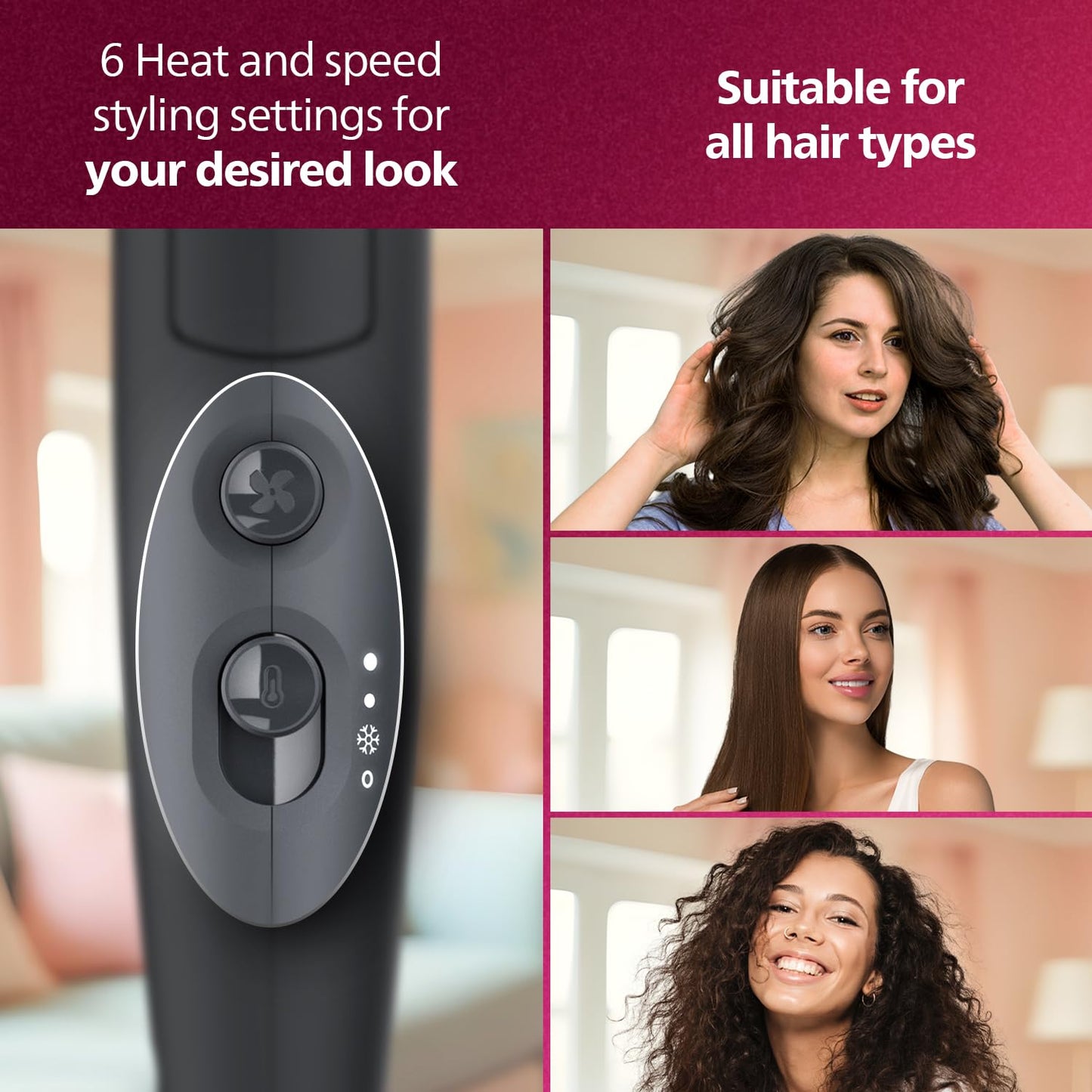 Philips Hair Styling Brand - Foldable Hair Dryer 2100W, 6 HeatxSpeed Settings Cool Shot Advanced Ionic Care Frizz-Free Shine, ThermoProtect Airflower Attachment, For Indian Hair, BHD356