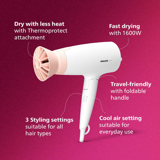Philips Foldable Hair Dryer 1600 Watts| Powerful Salon-like Blow Drying with Less Heat | 3 Heat Settings with Cool Shot (Hot/Cool/Warm) | ThermoProtect Airflower Attachment- Pink | BHD308/30 - White