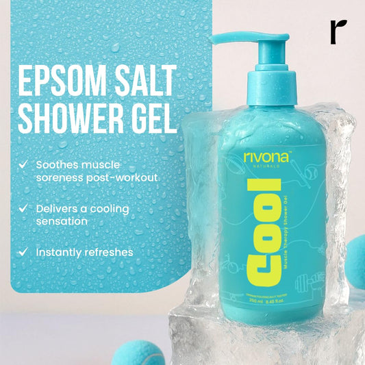 Rivona Naturals Cool Epsom body wash | Magnesium Shower gel (epsom salt) with Menthol & Rosemary Oil | Instant Muscle recovery body wash, skin Relaxation, Hand and Foot bath salt l Refreshing Natural Fragrance | Sports & Fitness - 250 ml