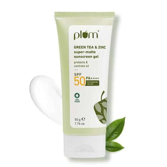Plum Green Tea & Zinc Super-Matte Gel Sunscreen SPF 50 PA ++++ | 50g | Formulated for Oily, Combination and Acne Prone Skin | Protects & Controls Oil | Lightweight, No White Cast & Non-Sticky | Vegan |