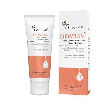 Fixderma Dewrav Acne Control & Oil Free Moisturizer for Face with Glycolic Acid | Niacinamide | Oily Skin | Face Moisturizer for Women & Men - 50 gm