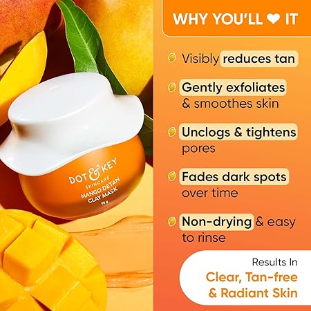 Dot & Key Mango Detan Tan Removal Clay Mask | Clay Mask for Face with Glycolic & Lactic | Great for All Skin Types | Fresh Juicy Mango Fragrance | 70gm