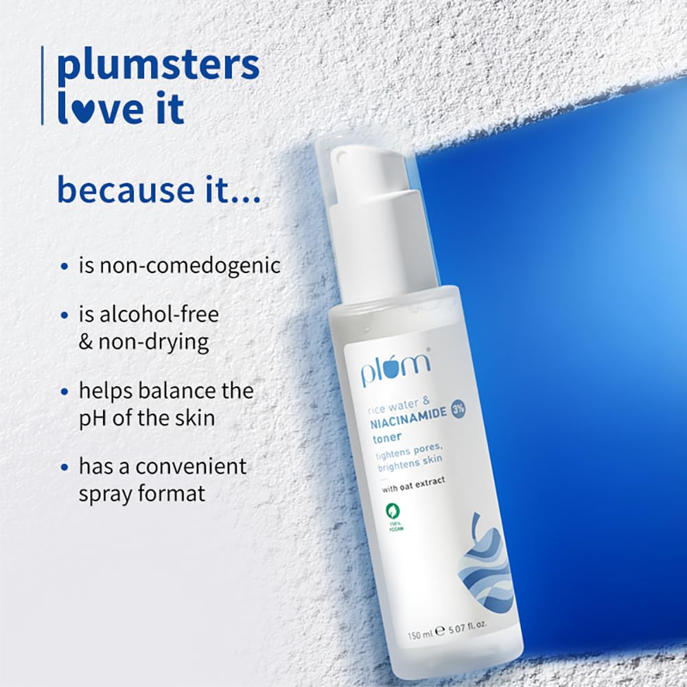 Plum 3% Niacinamide & Rice Water Face Toner | Alcohol-Free Toner for Oily Acne Prone Dry Combination Skin | Pore Tightening & Glowing Skin |Fades Blemishes, Brightens & Smoothens | Women & Men | 150ml