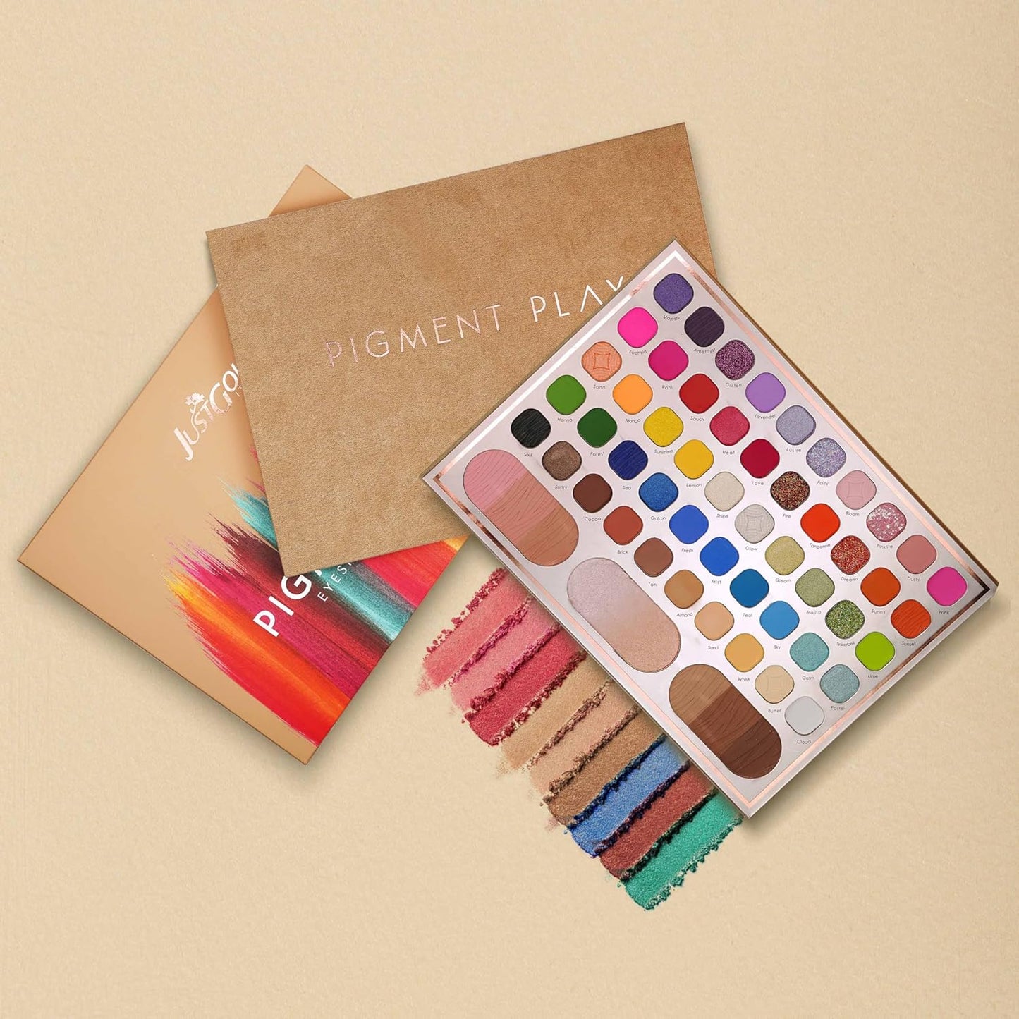 Justgold Pigment Play Eyeshadow Palette with 59 Vibrant Colors, including Matte and Shimmer Finishes, Offering Richly Pigmented and Blendable Shades for a Flawless Eye Look