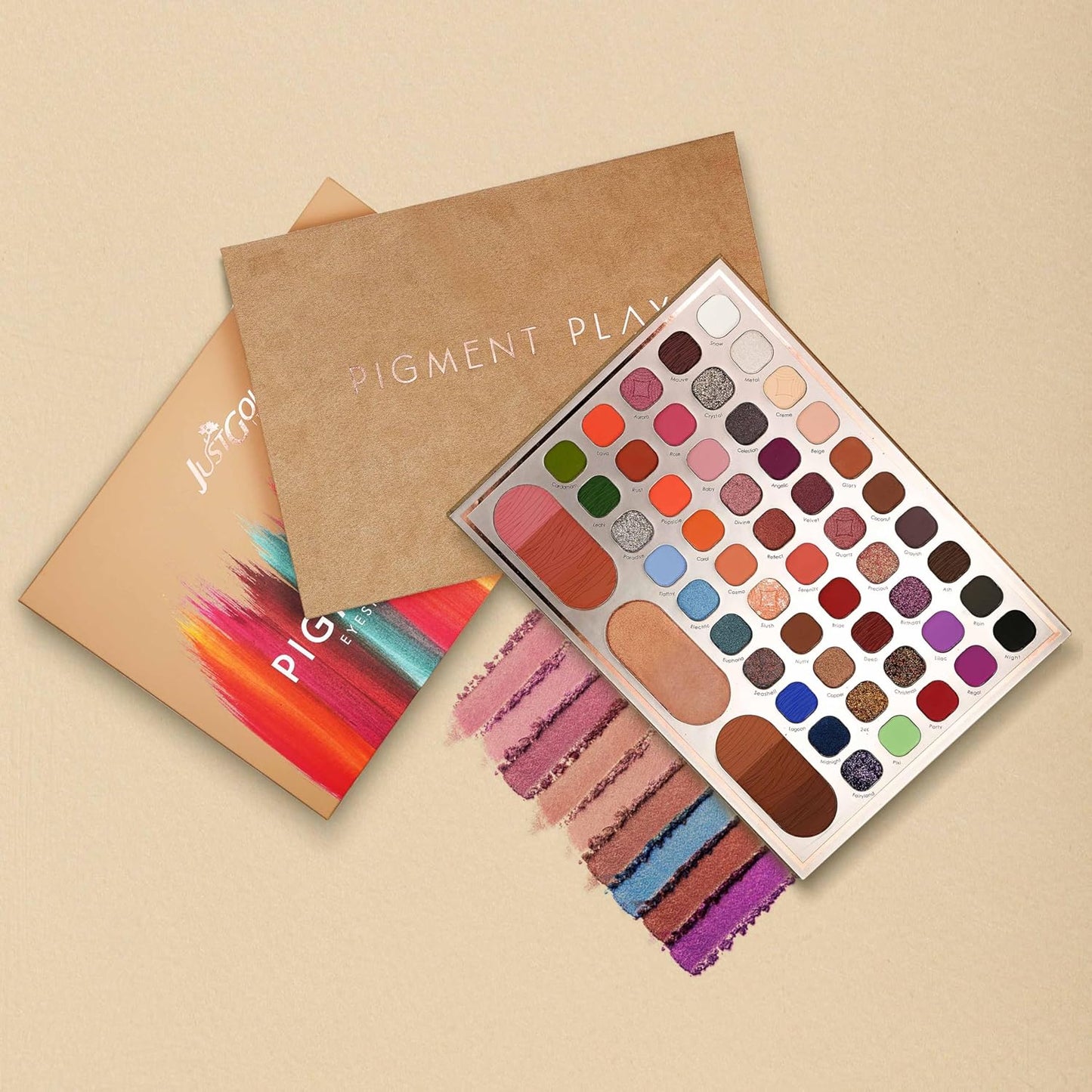 Justgold Pigment Play Eyeshadow Palette with 59 Vibrant Colors, including Matte and Shimmer Finishes, Offering Richly Pigmented and Blendable Shades for a Flawless Eye Look