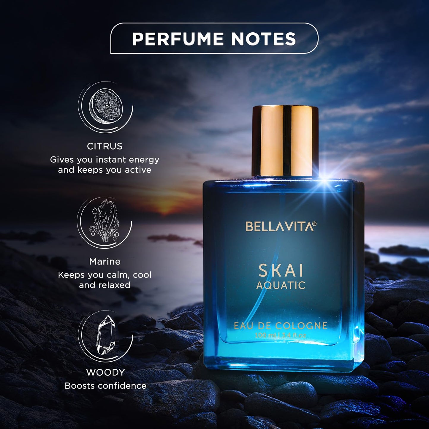 Bella Vita Luxury Skai Aquatic Unisex | Long Lasting Perfume | Perfume for Man & Woman | EDC 100ml | Bergamot, Lavender & Patchouli | Woody & Citrus Premium Fragrance