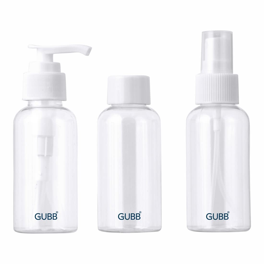 GUBB Travel Bottle Set | Travel Bottles For Toiletries | Refillable Bottles With Pump, Spray & Cap