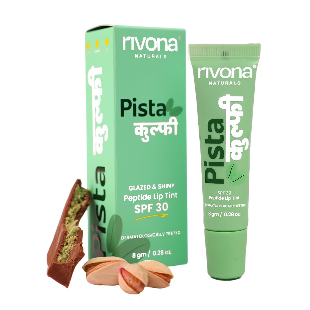 Rivona Naturals Pista Kulfi Glazed Peptide Lip balm with SPF 30l Ceramides,Saffron & Kojic Acid for lip brightening and depigmentation l Hydrating and GlossylVegan Natural flavor- Shade Transparent 8g