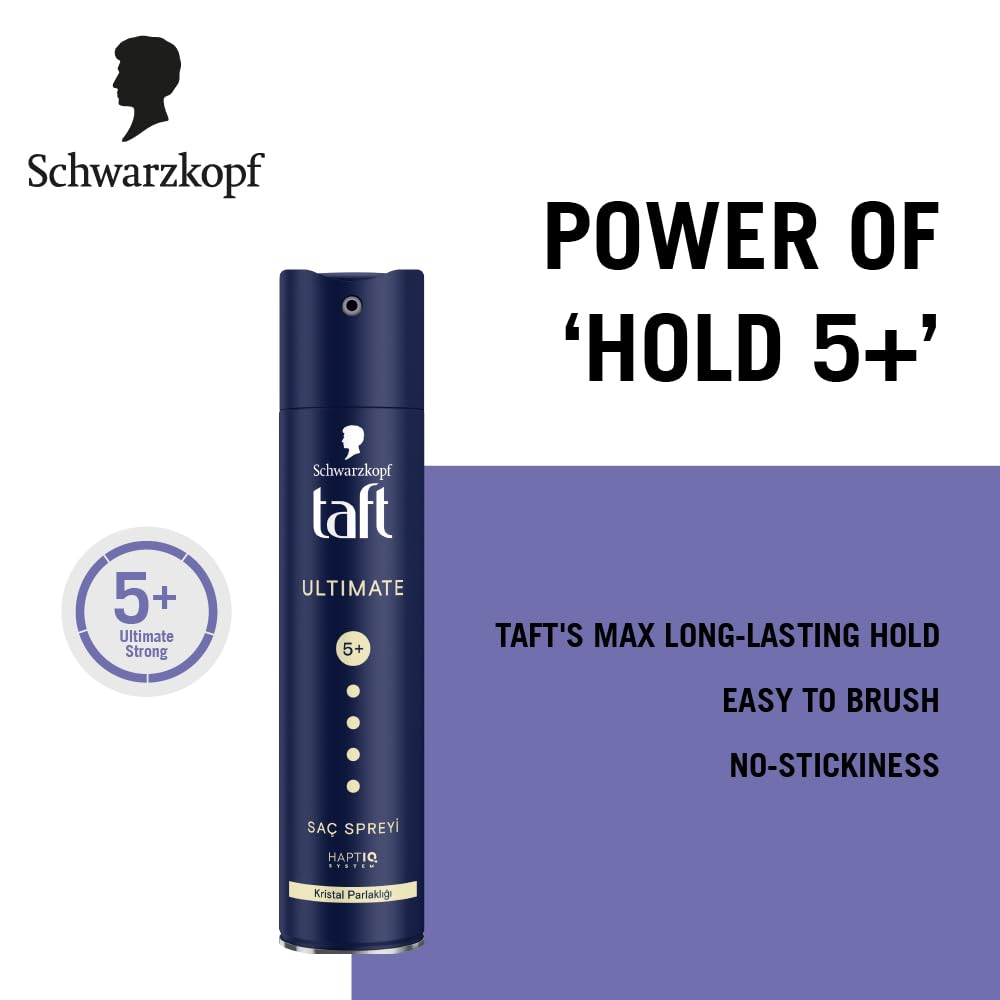 Schwarzkopf TAFT Ultimate Hair Spray For Hair With Crystal Shine | Hold 5+ For 72H hold | Protects From Wind And Humidity | No Stickiness | Easy To Brush Out | For Salon Like Finish - 250Ml