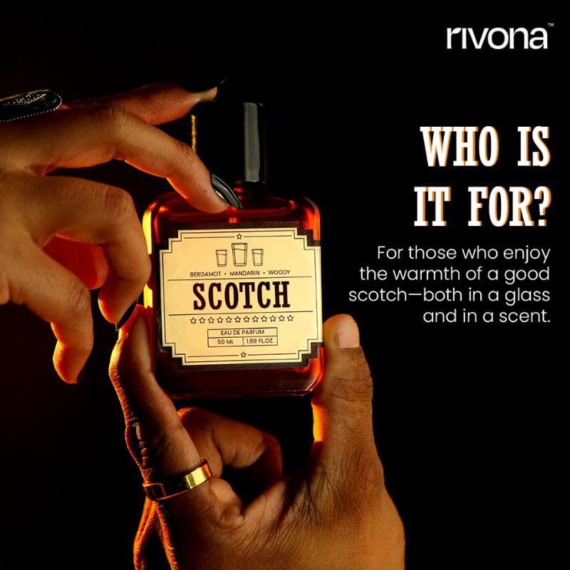 Rivona Scotch Perfume | Long Lasting Eau De Parfum for Men & Women | Warm, Woody, Sophisticated Fragrance with Sweet Scotch, Geranium & Vanilla | Unisex Perfume Gift | 50ml EDP