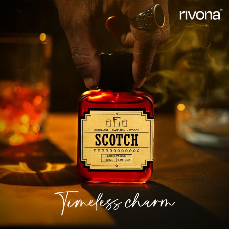 Rivona Scotch Perfume | Long Lasting Eau De Parfum for Men & Women | Warm, Woody, Sophisticated Fragrance with Sweet Scotch, Geranium & Vanilla | Unisex Perfume Gift | 50ml EDP