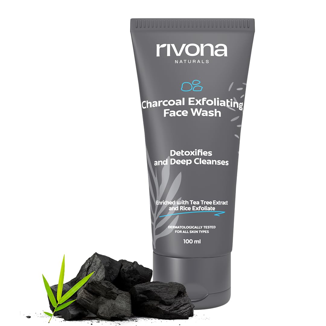 Rivona Naturals Charcoal Face Wash for men, anti pollution and deep pore cleasning with tea tree and rice granules 100ml
