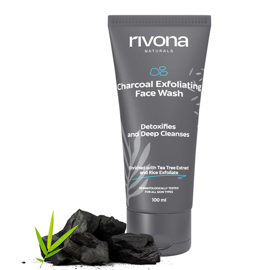 Rivona Naturals Charcoal Face Wash for men, anti pollution and deep pore cleasning with tea tree and rice granules 100ml