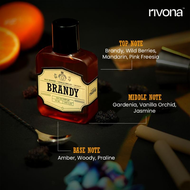 Rivona Brandy Perfume | Long Lasting Eau De Parfum for Men & Women | Rich, Warm & Sweet Fragrance with Brandy, Vanilla, Berries & Amber | Unisex Perfume Gift | 50ml EDP