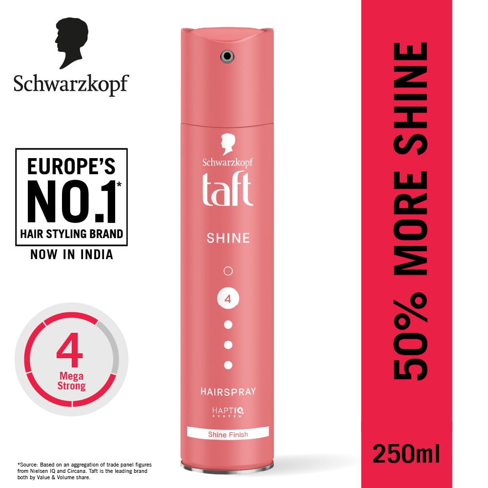 Schwarzkopf TAFT Shine Hair Spray For Shinner Hair With Diamond Luminizer Formula Hold 4, Lasts 24Hr+ Protects From Wind And Humidity, No Stickiness, Easy To Brush Out, For Salon Like Finish - 250Ml
