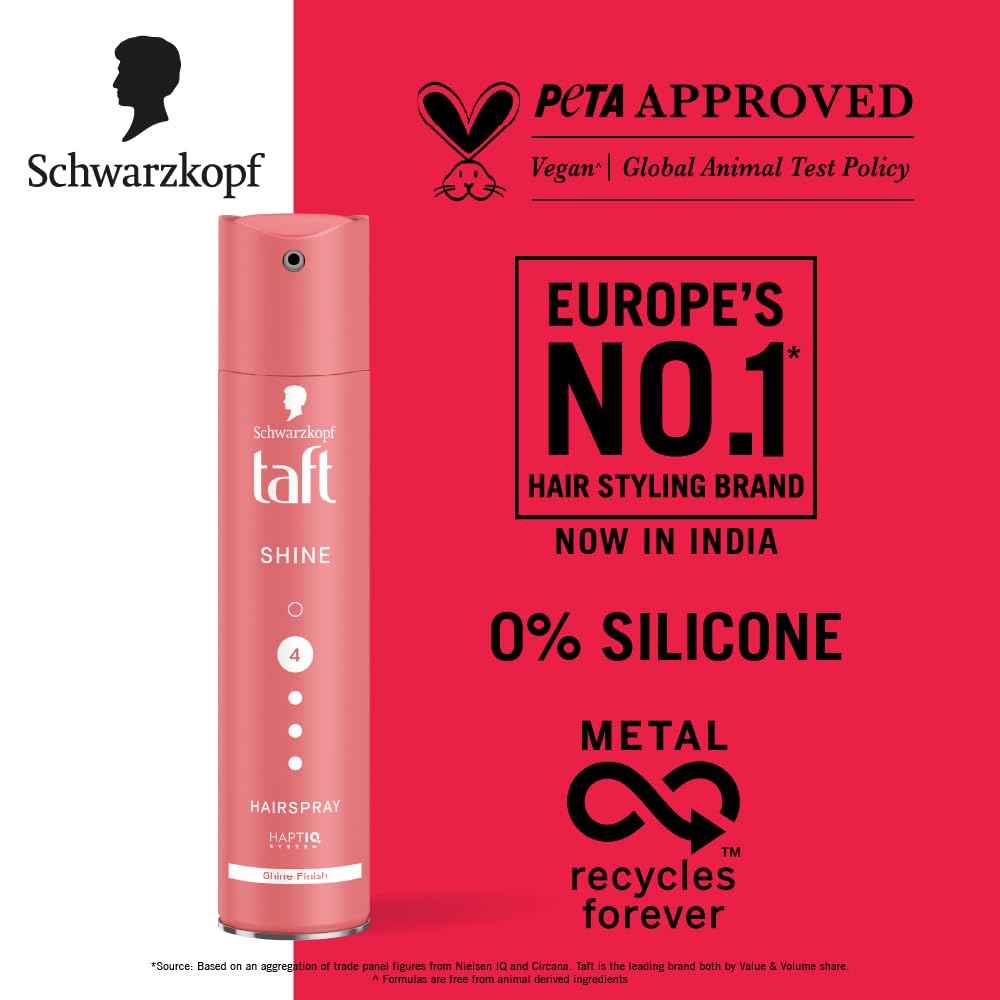 Schwarzkopf TAFT Shine Hair Spray For Shinner Hair With Diamond Luminizer Formula Hold 4, Lasts 24Hr+ Protects From Wind And Humidity, No Stickiness, Easy To Brush Out, For Salon Like Finish - 250Ml