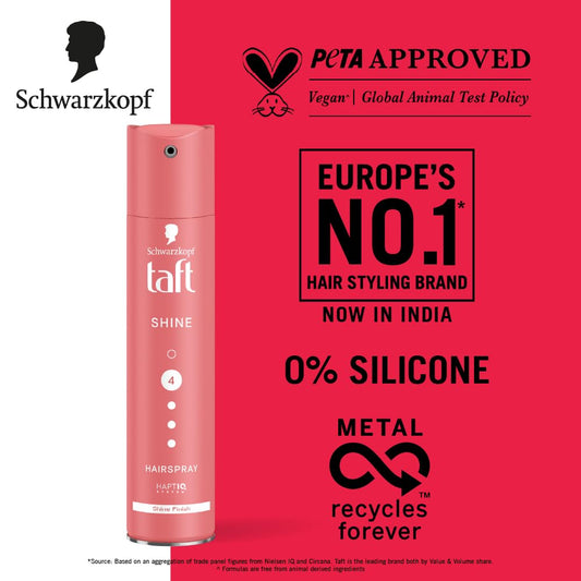 Schwarzkopf TAFT Shine Hair Spray For Shinner Hair With Diamond Luminizer Formula Hold 4, Lasts 24Hr+ Protects From Wind And Humidity, No Stickiness, Easy To Brush Out, For Salon Like Finish - 250Ml