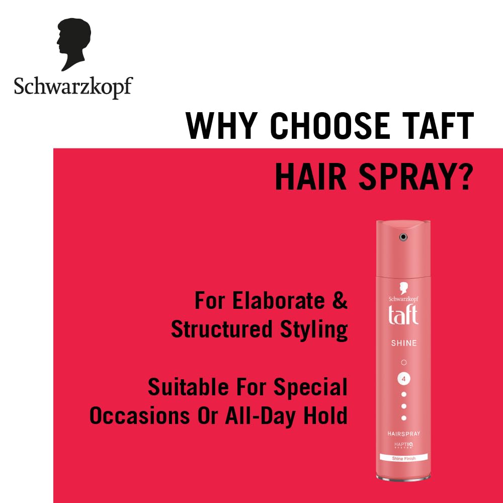 Schwarzkopf TAFT Shine Hair Spray For Shinner Hair With Diamond Luminizer Formula Hold 4, Lasts 24Hr+ Protects From Wind And Humidity, No Stickiness, Easy To Brush Out, For Salon Like Finish - 250Ml
