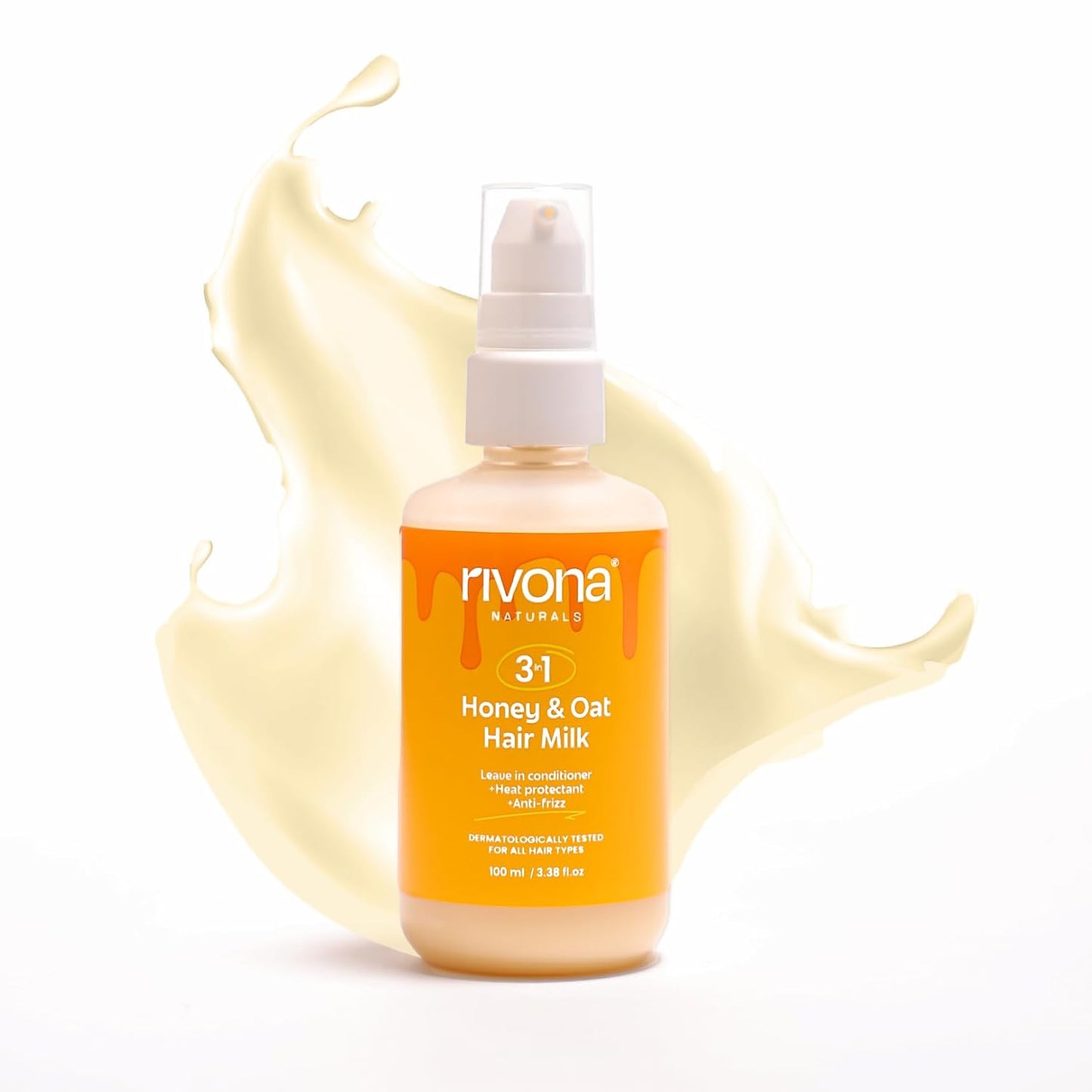 Rivona Naturals Honey & Oat Hair Milk | 3-in-1 Weightless Leave-In Conditioner + Heat Protectant + Anti-Frizz Cream | Silicone-Free | Adds Shine & Moisture | For Curly, Wavy & Frizzy Hair | 100ml
