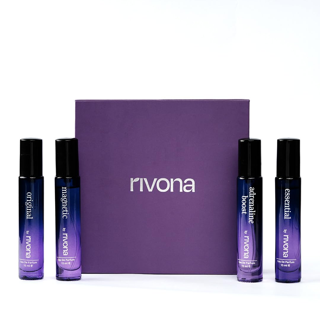 RIVONA NATURALS Recollection Unisex Perfume Gift Set, Liquid Eau De Parfum, Long-Lasting Fragrance, Travel Friendly, Pocket Perfume, Birthday Gift Set, IFRA Certified, 4x15ml - Amber Wood, Lemon, Rose