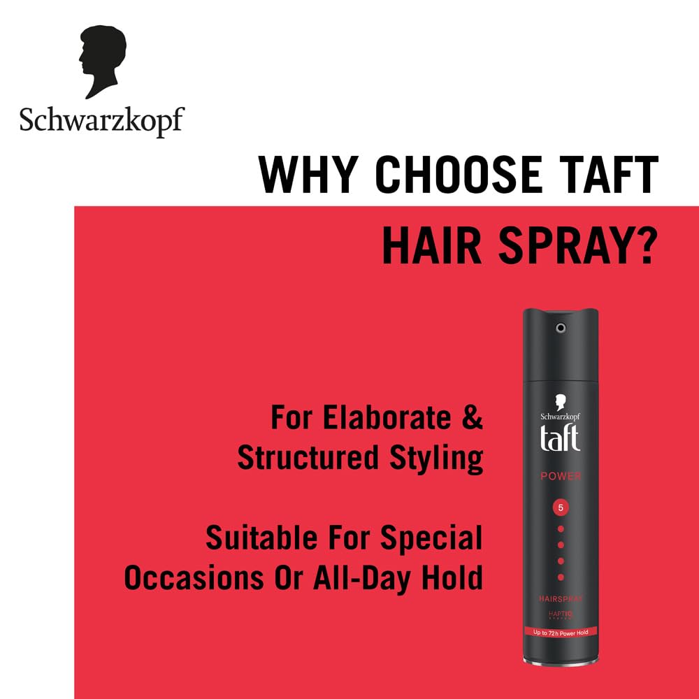 TAFT Schwarzkopf Power Hair Spray With Caffeine Formula For Strengthening Hair Hold 5, 72Hr Hold Protection From UV Rays, Wind And Humidity, No Stickiness, Easy To Brush Out, Salon Like Finish- 250Ml