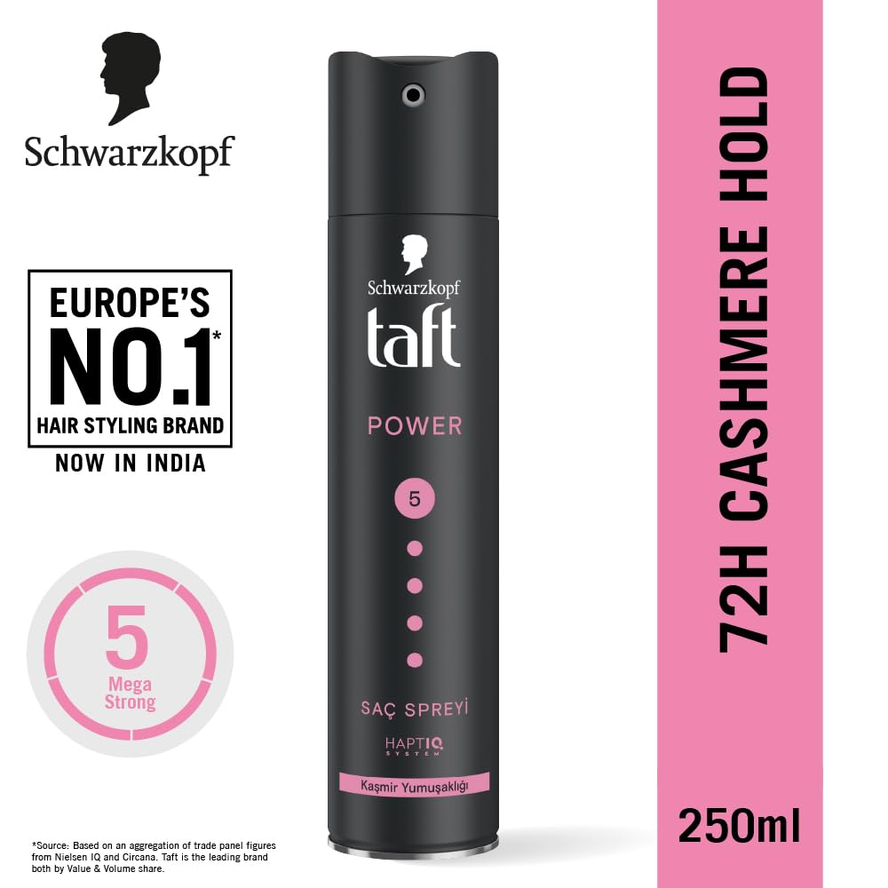 Schwarzkopf TAFT Power Hold 5 Hair Spray for Heat Protection, Cashmere like Softness for Dry, Damaged Hair | No Stickiness | Easy To Brush Out | For Salon Like Finish - 250Ml.
