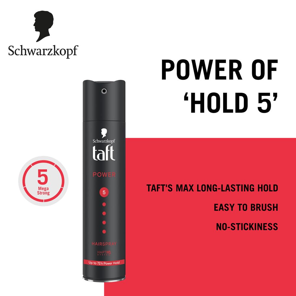 TAFT Schwarzkopf Power Hair Spray With Caffeine Formula For Strengthening Hair Hold 5, 72Hr Hold Protection From UV Rays, Wind And Humidity, No Stickiness, Easy To Brush Out, Salon Like Finish- 250Ml