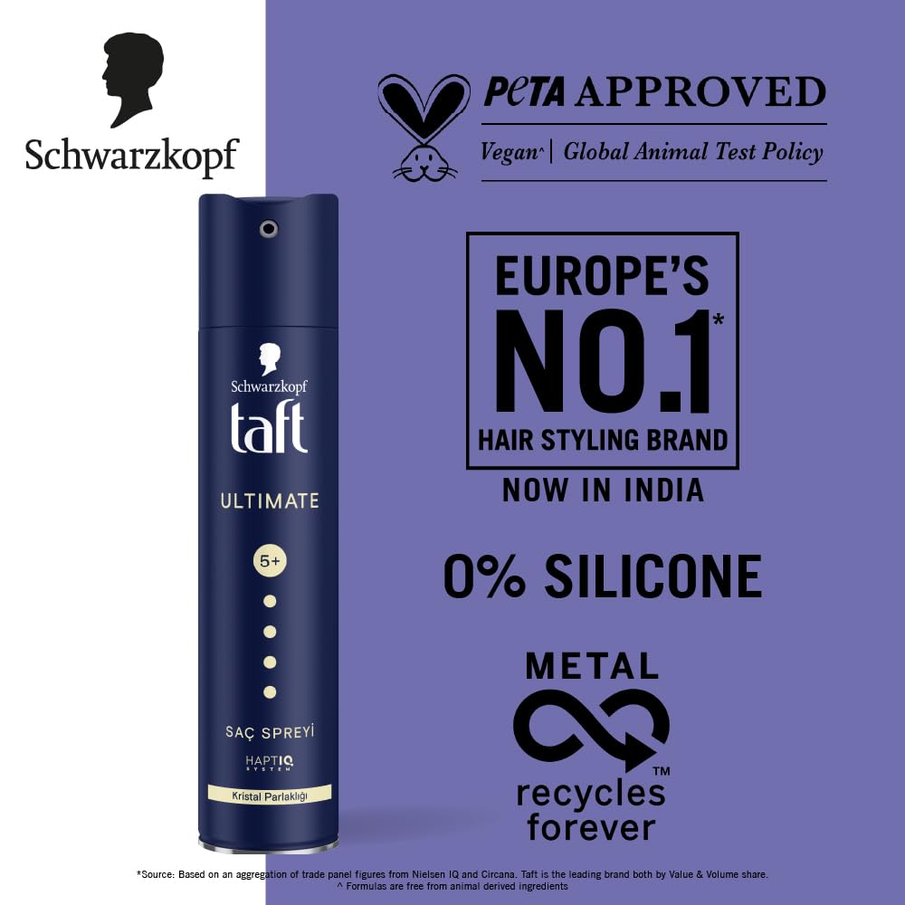 Schwarzkopf TAFT Ultimate Hair Spray For Hair With Crystal Shine | Hold 5+ For 72H hold | Protects From Wind And Humidity | No Stickiness | Easy To Brush Out | For Salon Like Finish - 250Ml