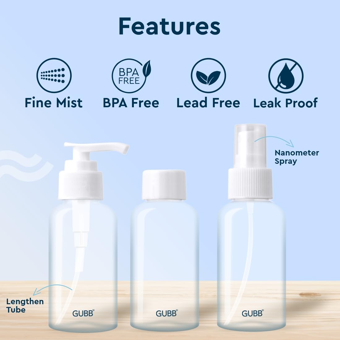 GUBB Travel Bottle Set | Travel Bottles For Toiletries | Refillable Bottles With Pump, Spray & Cap