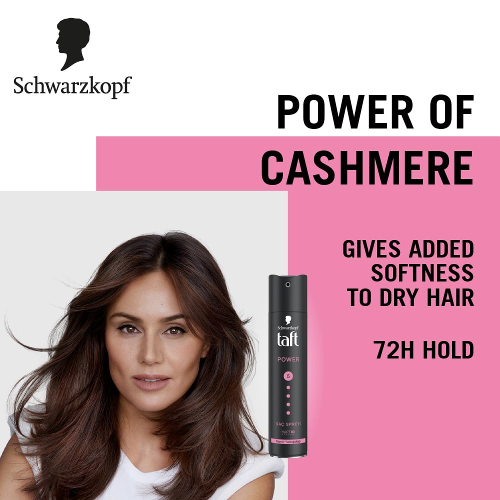 Schwarzkopf TAFT Power Hold 5 Hair Spray for Heat Protection, Cashmere like Softness for Dry, Damaged Hair | No Stickiness | Easy To Brush Out | For Salon Like Finish - 250Ml.