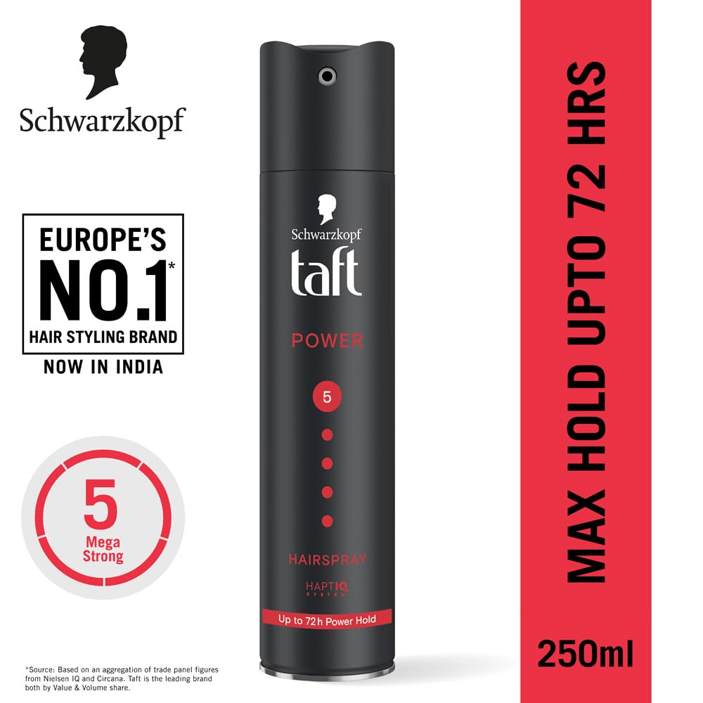 TAFT Schwarzkopf Power Hair Spray With Caffeine Formula For Strengthening Hair Hold 5, 72Hr Hold Protection From UV Rays, Wind And Humidity, No Stickiness, Easy To Brush Out, Salon Like Finish- 250Ml