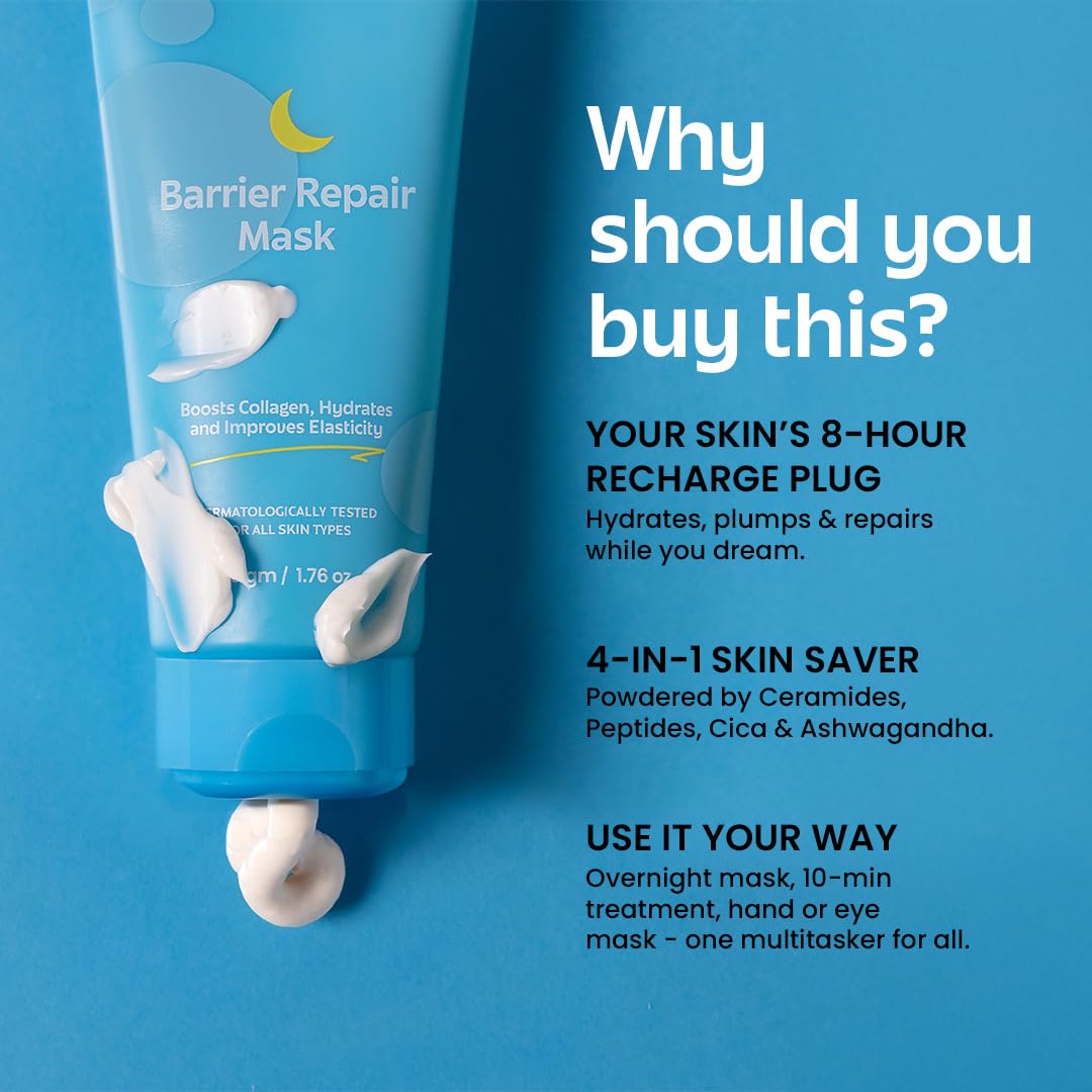 Rivona Naturals Barrier Repair Hydrating Mask 4-in-1, Leave on Overnight Mask Pack with Ceramides & Peptides, Boosts collagen, gives Glass skin, use as eye and hand mask | Suitable for Men and Women | All skin types 50gm