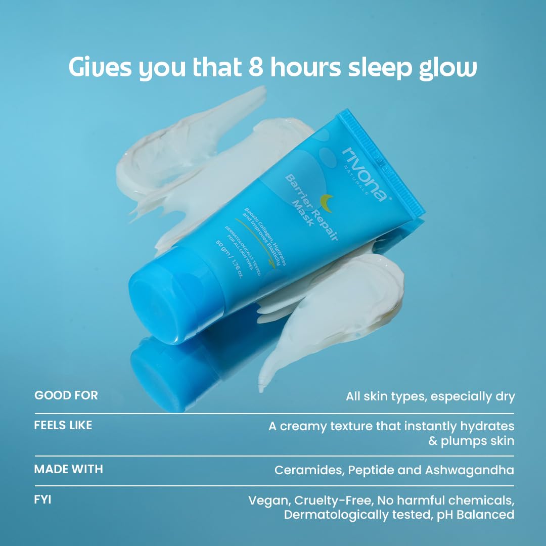 Rivona Naturals Barrier Repair Hydrating Mask 4-in-1, Leave on Overnight Mask Pack with Ceramides & Peptides, Boosts collagen, gives Glass skin, use as eye and hand mask | Suitable for Men and Women | All skin types 50gm