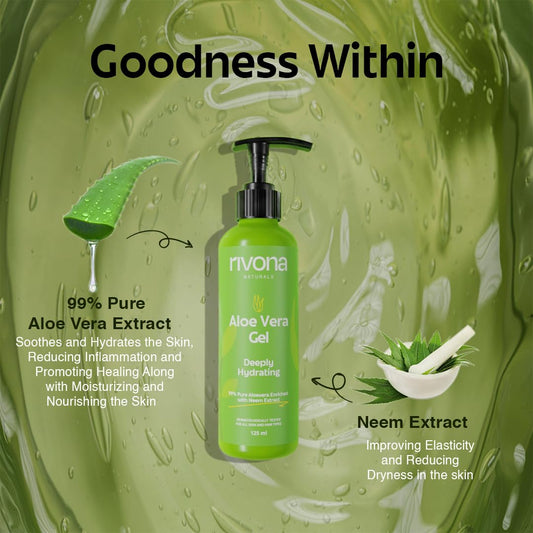 Rivona Naturals 99% Pure & Organic Aloe Vera Gel for Face, Skin and Hair with Neem | Aloe Vera + Neem | Magical Gel for Multi usage | For Men & Women |All Skin types